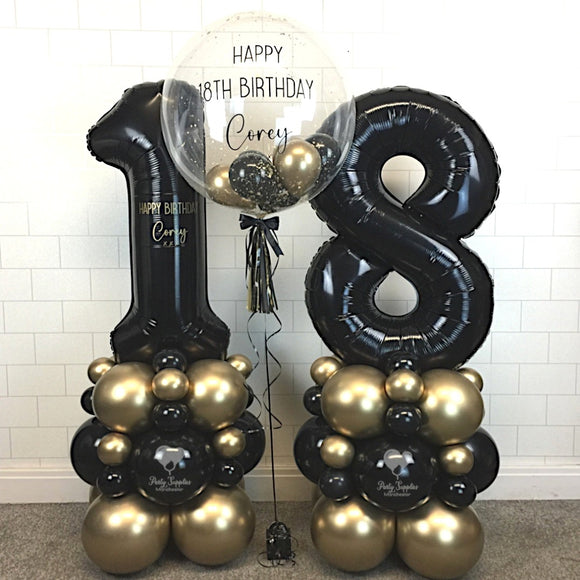 COLLECTION ONLY - Black & Gold - Personalised Double Number Tower + 1 Personalised Bubble