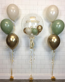 COLLECTION ONLY - Clear Bubble Balloon - Green, Gold & Cream Balloons - Gold Message + 2 Clusters