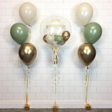 COLLECTION ONLY - Clear Bubble Balloon - Green, Gold & Cream Balloons - Gold Message + 2 Clusters