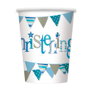 8 Blue Bunting Christening Paper Cups 270ml