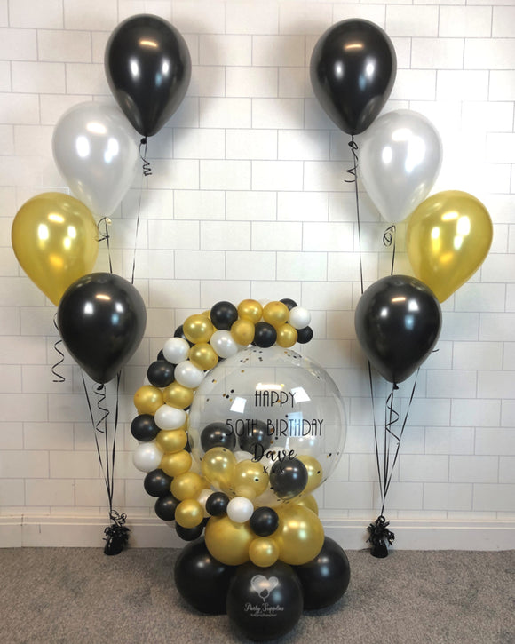 COLLECTION ONLY - Black, Gold & White Bubble Garland - Black Message - Black & Gold Confetti + 2 Sets of 4 Clusters