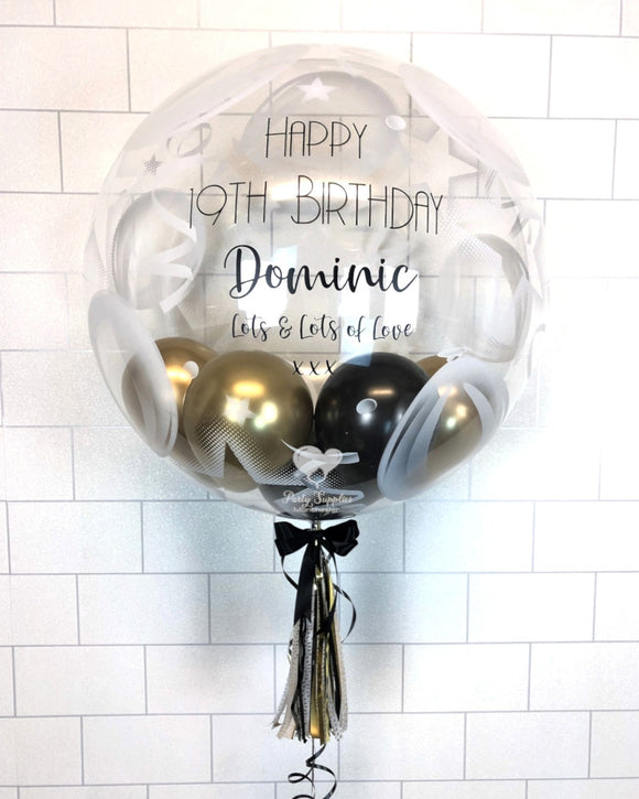 COLLECTION ONLY - Balloons & Stars Bubble - Black & Gold Balloons - Black Message