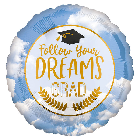 COLLECTION ONLY - 1 Follow Your Dreams Grad Standard Foil Balloon Filled with Helium & Dressed with Ribbon & Weight