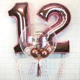 COLLECTION ONLY - Clear Bubble - 2 Shades of Rose Gold, White Balloons - Rose Gold Leaf - Black Message + 2 Large Helium Filled Numbers