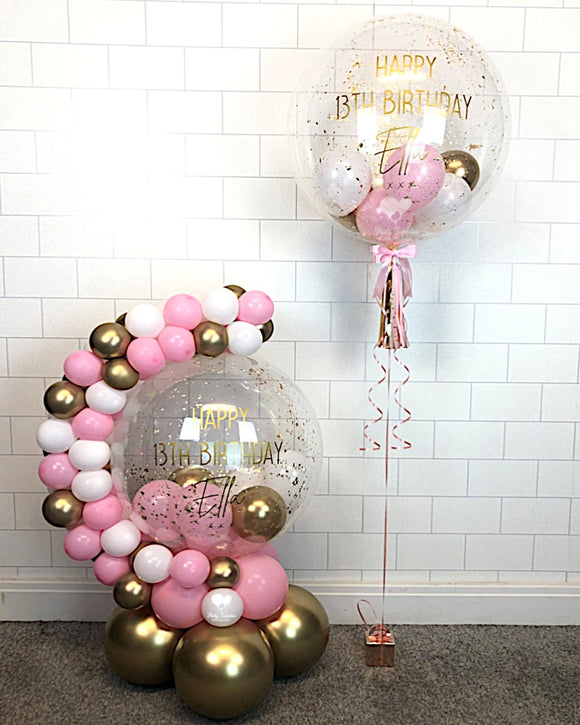 COLLECTION ONLY - Pink, Gold & White Bubble Garland - Gold Message - Gold Leaf + 1 Personalised Bubble