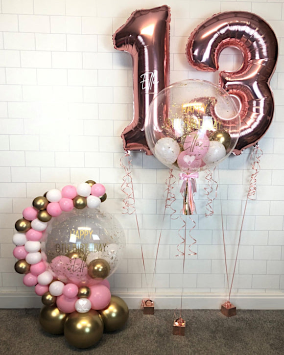 COLLECTION ONLY - Pink, Gold & White Bubble Garland - Gold Message - Gold Leaf + 1 Personalised Bubble + 2 Personalised Large Numbers