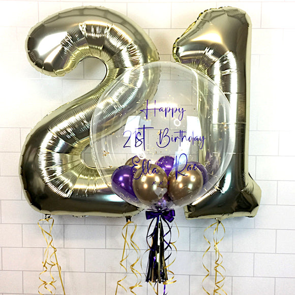 COLLECTION ONLY - Clear Bubble - Purple & Gold Balloons - Gold Leaf - Purple Message + 2 Helium Filled Large White Gold Numbers