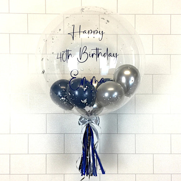 COLLECTION ONLY - Clear Bubble - Navy & Silver Balloons - Silver Leaf - Navy Message
