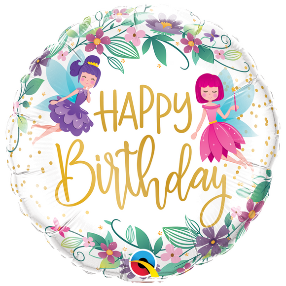 COLLECTION ONLY - 1 Happy Birthday Fairy Standard Foil Balloon Filled with Helium & Dressed with Ribbon & Weight