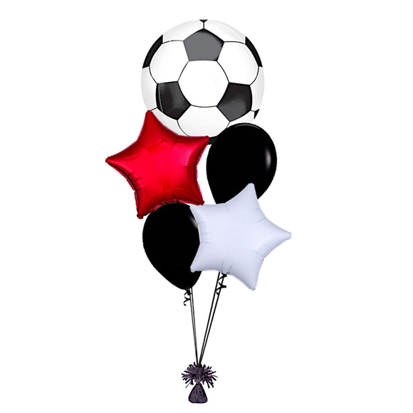 COLLECTION ONLY -  Football Orbz Black, Red & White 5 Balloon Bouquet Filled with Helium & Dressed with Ribbon & Weight