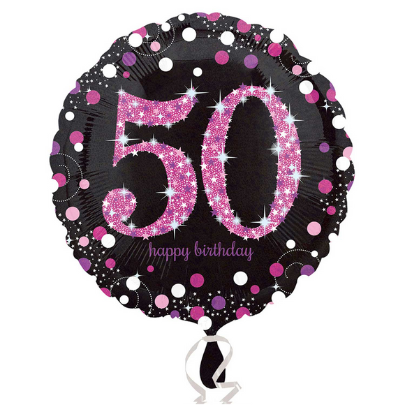 COLLECTION ONLY - 1 Happy Birthday 50th Pink Celebration Standard Foil Balloon Filled with Helium & Dressed with Ribbon & Weight