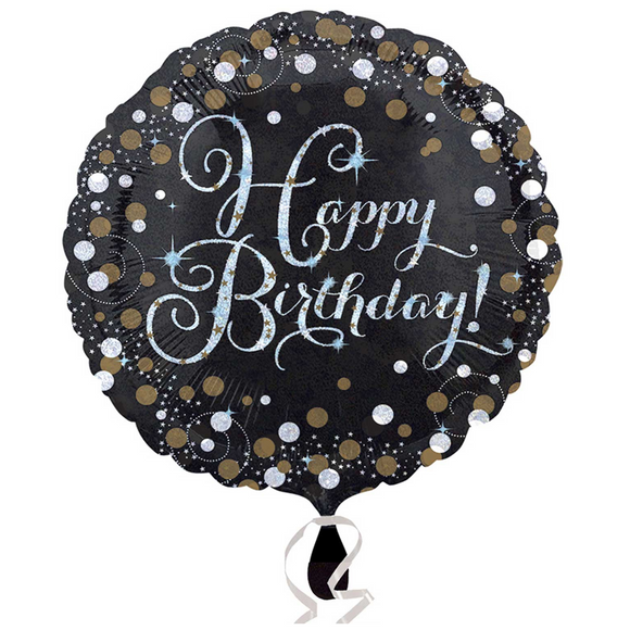 COLLECTION ONLY - 1 Happy Birthday Gold Celebration Standard Foil Balloon Filled with Helium & Dressed with Ribbon & Weight