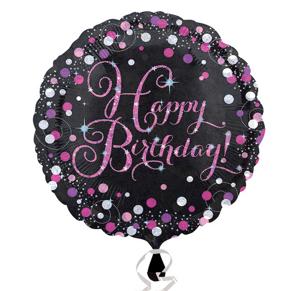 COLLECTION ONLY - 1 Happy Birthday Pink Celebration Standard Foil Balloon Filled with Helium & Dressed with Ribbon & Weight