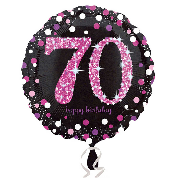 COLLECTION ONLY - 1 Happy Birthday 70th Pink Celebration Standard Foil Balloon Filled with Helium & Dressed with Ribbon & Weight