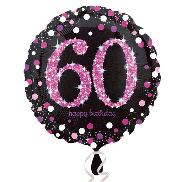 COLLECTION ONLY - 1 Happy Birthday 60th Pink Celebration Standard Foil Balloon Filled with Helium & Dressed with Ribbon & Weight