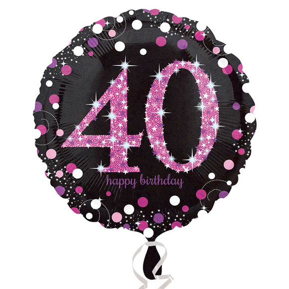COLLECTION ONLY - 1 Happy Birthday 40th Pink Celebration Standard Foil Balloon Filled with Helium & Dressed with Ribbon & Weight