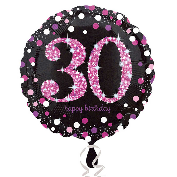COLLECTION ONLY - 1 Happy Birthday 30th Pink Celebration Standard Foil Balloon Filled with Helium & Dressed with Ribbon & Weight