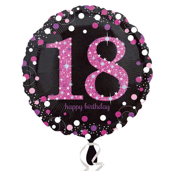 COLLECTION ONLY - 1 Happy Birthday 18th Pink Celebration Standard Foil Balloon Filled with Helium & Dressed with Ribbon & Weight