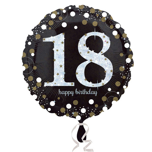 COLLECTION ONLY - 1 Happy Birthday 18th Gold Celebration Standard Foil Balloon Filled with Helium & Dressed with Ribbon & Weight