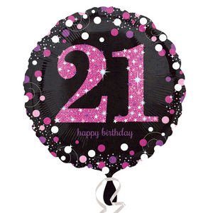 COLLECTION ONLY - 1 Happy Birthday 21st Pink Celebration Standard Foil Balloon Filled with Helium & Dressed with Ribbon & Weight