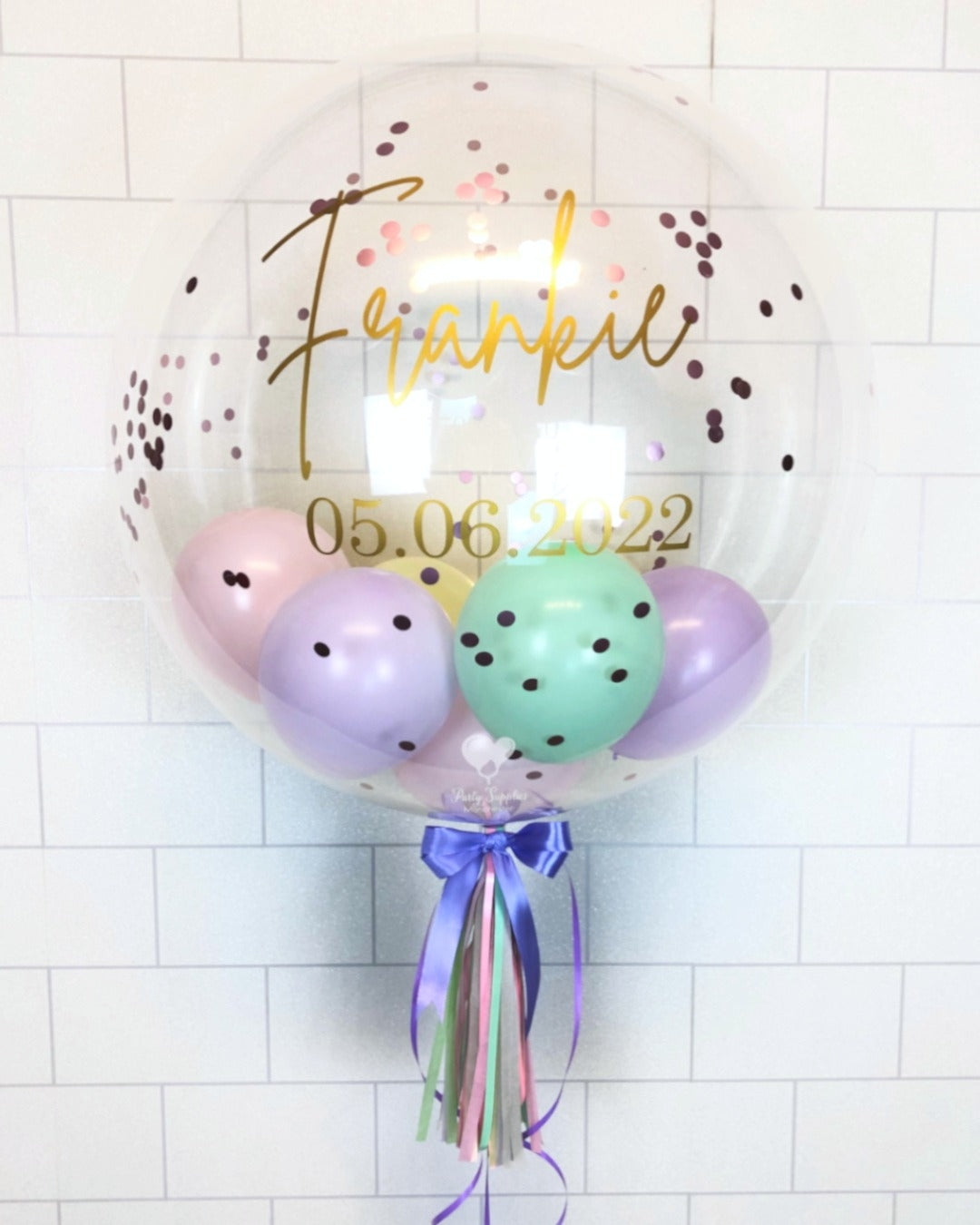 COLLECTION ONLY Clear Bubble Pastel Pink Green Blue Yellow Lilac Balloons Pink Confetti Gold Message