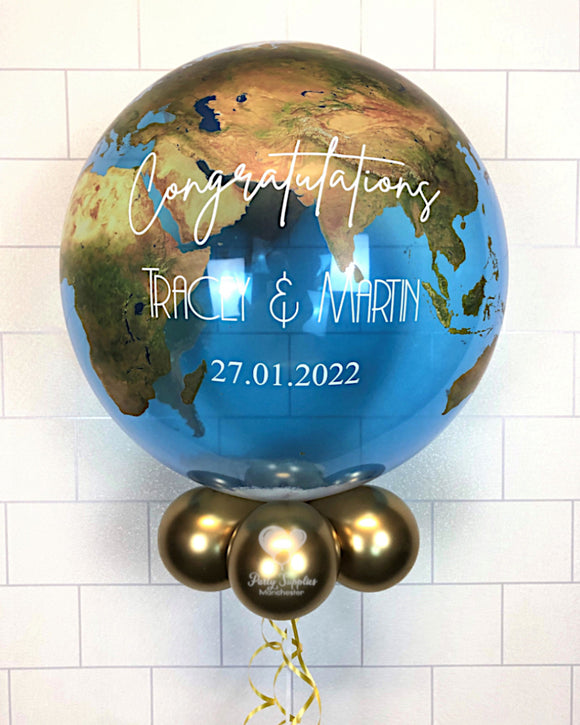 COLLECTION ONLY - Globe Print Bubble - White Message - Gold Balloon Collar