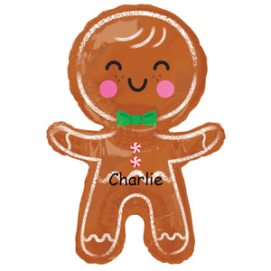 COLLECTION ONLY -  Gingerbread Man 31" Super Shape Foil Balloon Filled with Helium, Personalised with a Name, Dressed with Ribbon & Weight