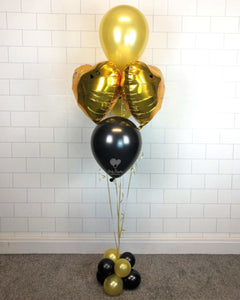 COLLECTION ONLY - Black & Gold Bouquet 2 Personalised Hearts & 3 Latex Balloons dressed with Ribbon & Balloon Base