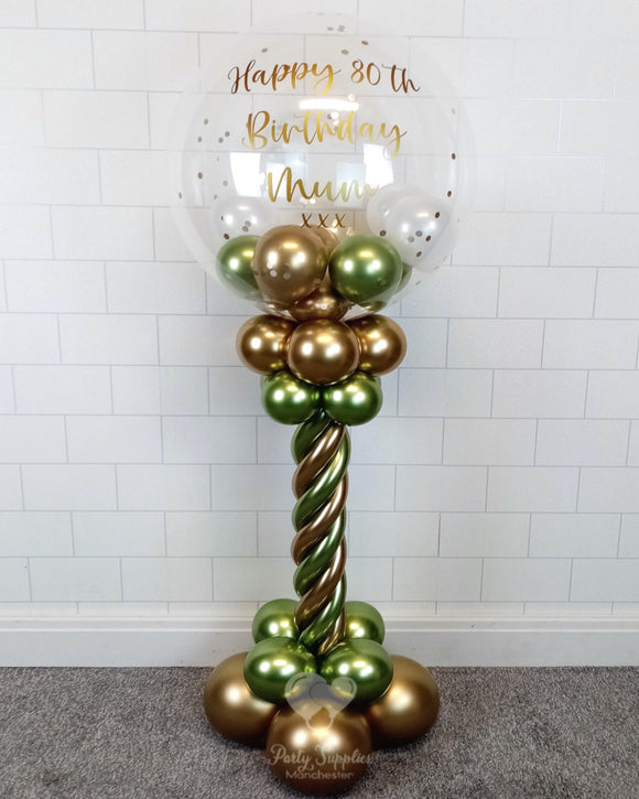 COLLECTION ONLY - Green & Gold Twisted Tower Topped with a Clear Bubble filled with Balloons & Gold Confetti - Gold Message