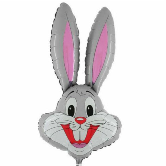 COLLECTION ONLY - Grey Bunny Head Foil Balloon Filled with Helium & Dressed with Ribbon & Weight
