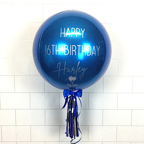 COLLECTION ONLY - Blue Orbz Balloon, Personalised with a Silver Message Dressed with Tassel, Bow & Weight