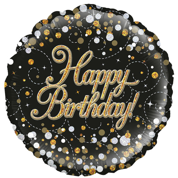 COLLECTION ONLY - 1 Happy Birthday Sparkling Fizz Black & Gold Standard Foil Balloon Filled with Helium & Dressed with Ribbon & Weight