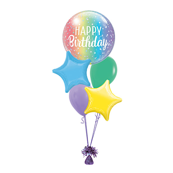 COLLECTION ONLY -  Ombre Dots Happy Birthday Bubble 5 Balloon Bouquet Filled with Helium & Dressed with Ribbon & Weight