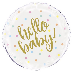 COLLECTION ONLY - 1 Hello Baby Standard Foil Balloon Filled with Helium & Dressed with Ribbon & Weight