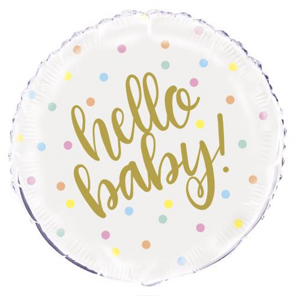 COLLECTION ONLY - 1 Hello Baby Standard Foil Balloon Filled with Helium & Dressed with Ribbon & Weight