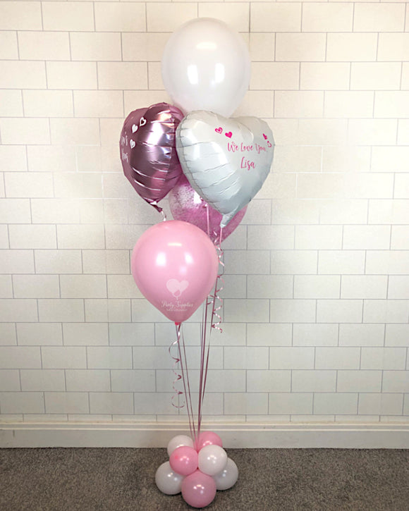 COLLECTION ONLY - Pink & White Bouquet 2 Personalised Hearts & 3 Latex Balloons dressed with Ribbon & Balloon Base