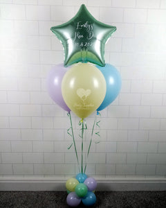 COLLECTION ONLY -  Lilac, Yellow & Blue Pyramid Balloon Cluster & 1 Personalised Star & Balloon Base
