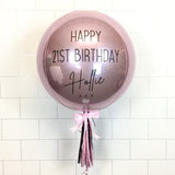 COLLECTION ONLY - Pink Orbz Balloon, Personalised with a Black Message Dressed with Tassel, Bow & Weight
