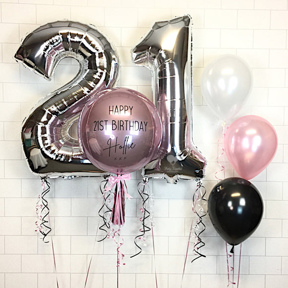 COLLECTION ONLY - Personalised Pink Orbz Balloon, 2 Large Silver Numbers & 1 Cluster of 3 balloons