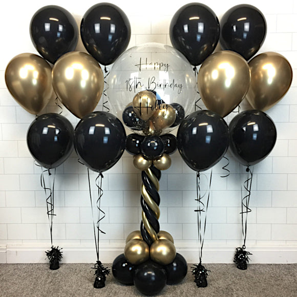 COLLECTION ONLY - Black & Gold Twisted Tower Topped with a Clear Bubble filled with Balloons & Gold Leaf - Black Message + 4 Sets of Clusters