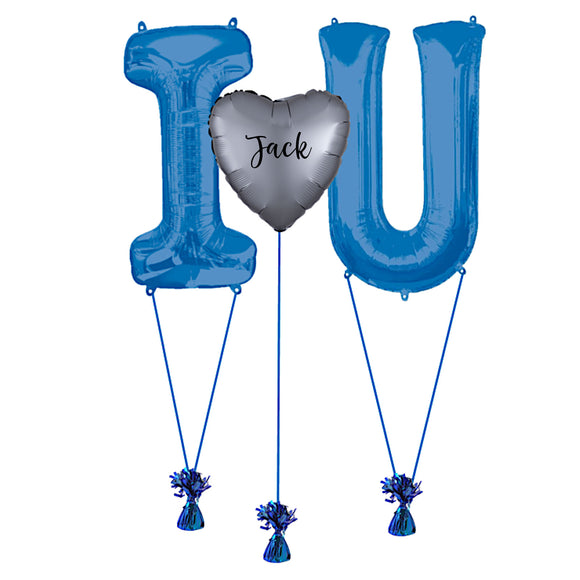 COLLECTION ONLY - Blue I Love U Foil Balloons Personalised with a Name Filled with Helium & Dressed with Ribbon & Weight