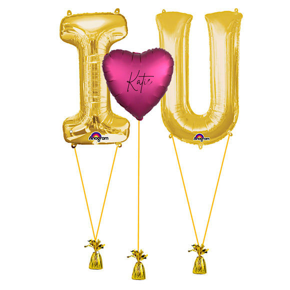 COLLECTION ONLY - Gold I Love U Foil Balloons Personalised with a Name Filled with Helium & Dressed with Ribbon & Weight