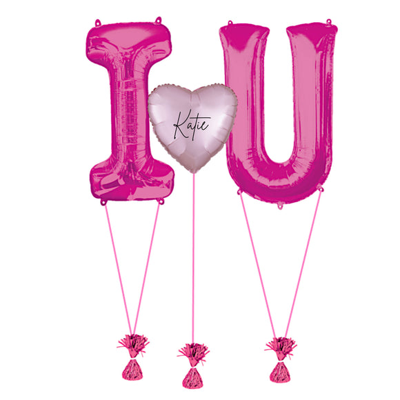 COLLECTION ONLY - Pink I Love U Foil Balloons Personalised with a Name Filled with Helium & Dressed with Ribbon & Weight