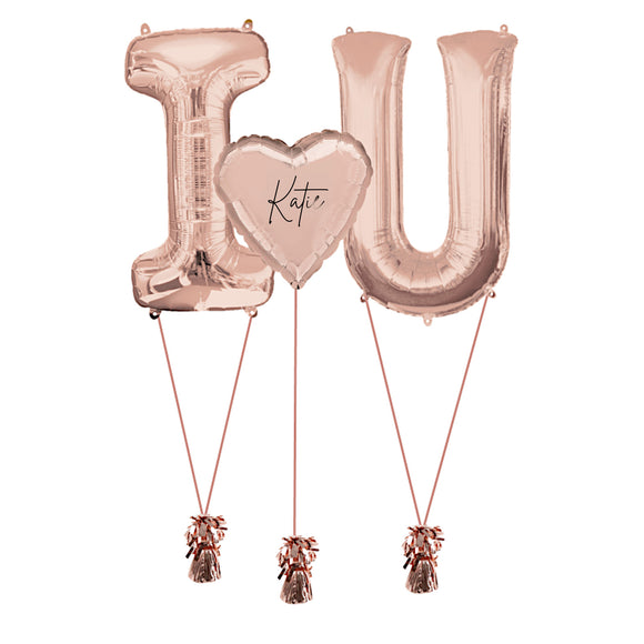 COLLECTION ONLY - Rose Gold I Love U Foil Balloons Personalised with a Name Filled with Helium & Dressed with Ribbon & Weight