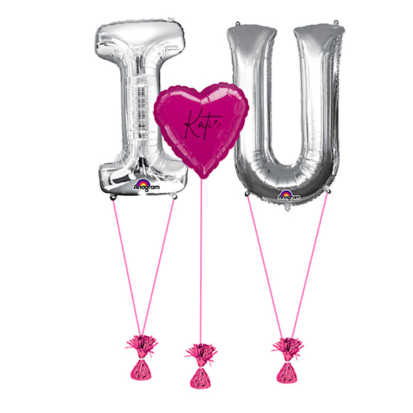 COLLECTION ONLY - Silver I Love U Foil Balloons Personalised with a Name Filled with Helium & Dressed with Ribbon & Weight