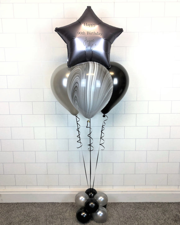 COLLECTION ONLY -  Black, Silver & Marble Pyramid Balloon Cluster & 1 Personalised Star & Balloon Base