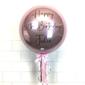 COLLECTION ONLY - Pink Orbz Balloon, Personalised with a Black Message Dressed with Tassel, Bow & Weight
