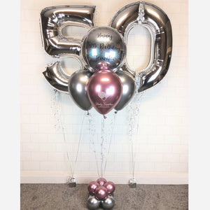 COLLECTION ONLY - Personalised Silver Orbz Balloon dressed with a Pink & Silver Balloon Pyramid & Balloon Base & 2 Helium Filled Large Silver Number