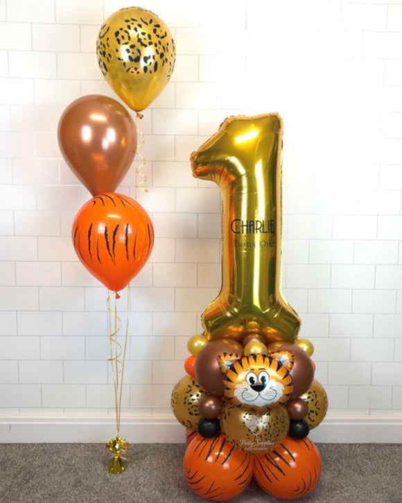 COLLECTION ONLY - TIGER Gold Single Number Tower Personalised with a Name & 1 Balloon Cluster