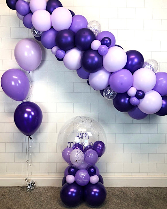 COLLECTION ONLY - 2 Tier Globe Purple & Lilac Balloons & Silver Leaf, Purple Message+ 1 Cluster of 3 Standard Balloons